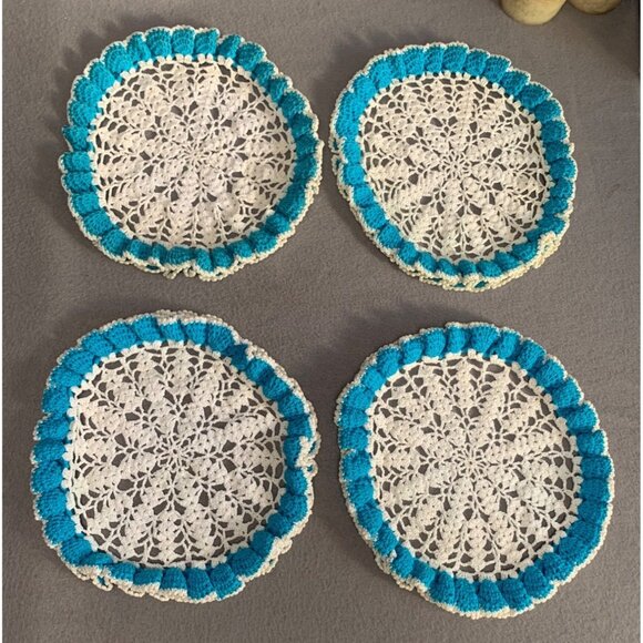 Vintage Handmade Crochet Doilies Set of 4 Blue & White Round Decorative Table Ma - Picture 12 of 13